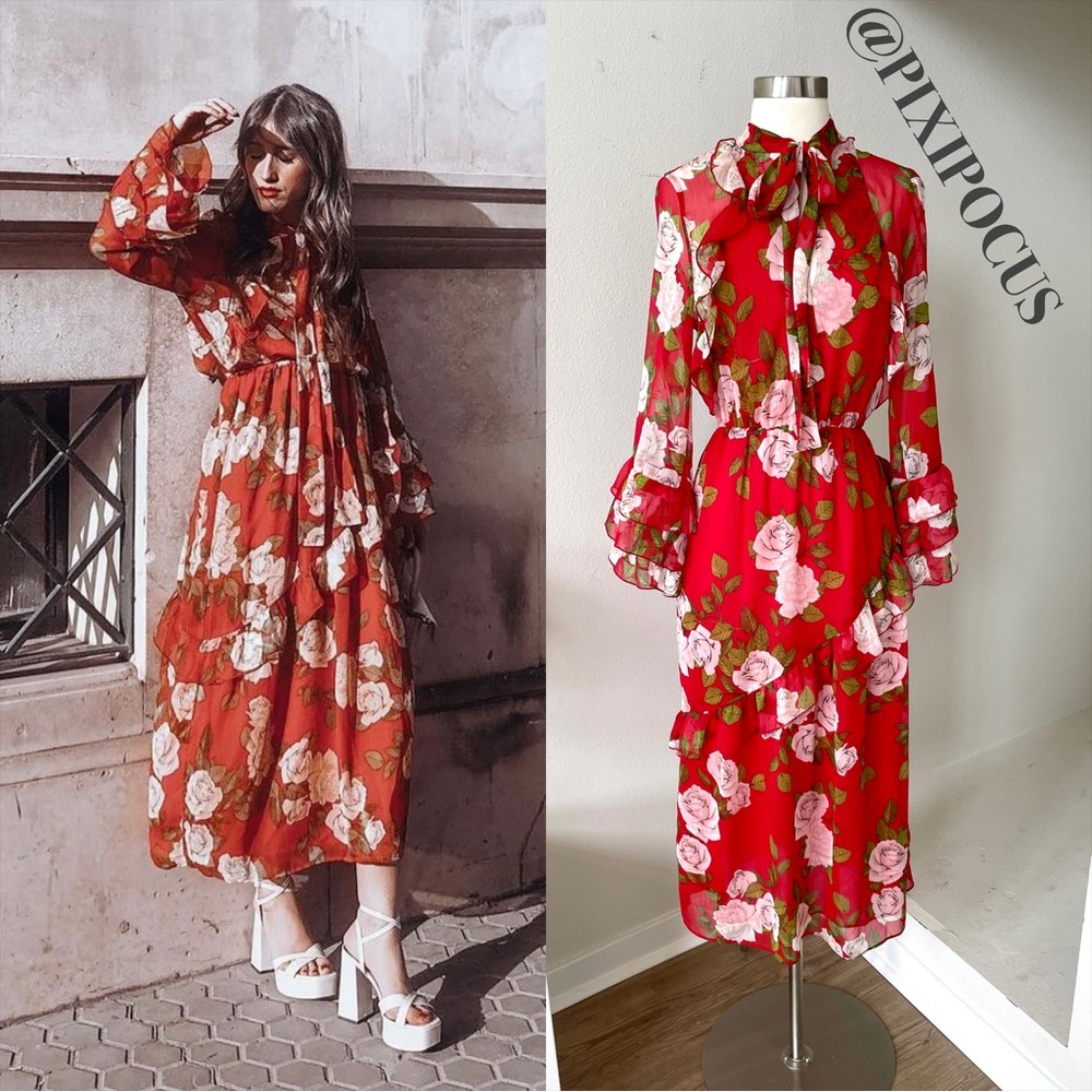 ZARA FLOWY RUFFLE TRIM LONG DRESS WITH TIE ROSE PRINT RED